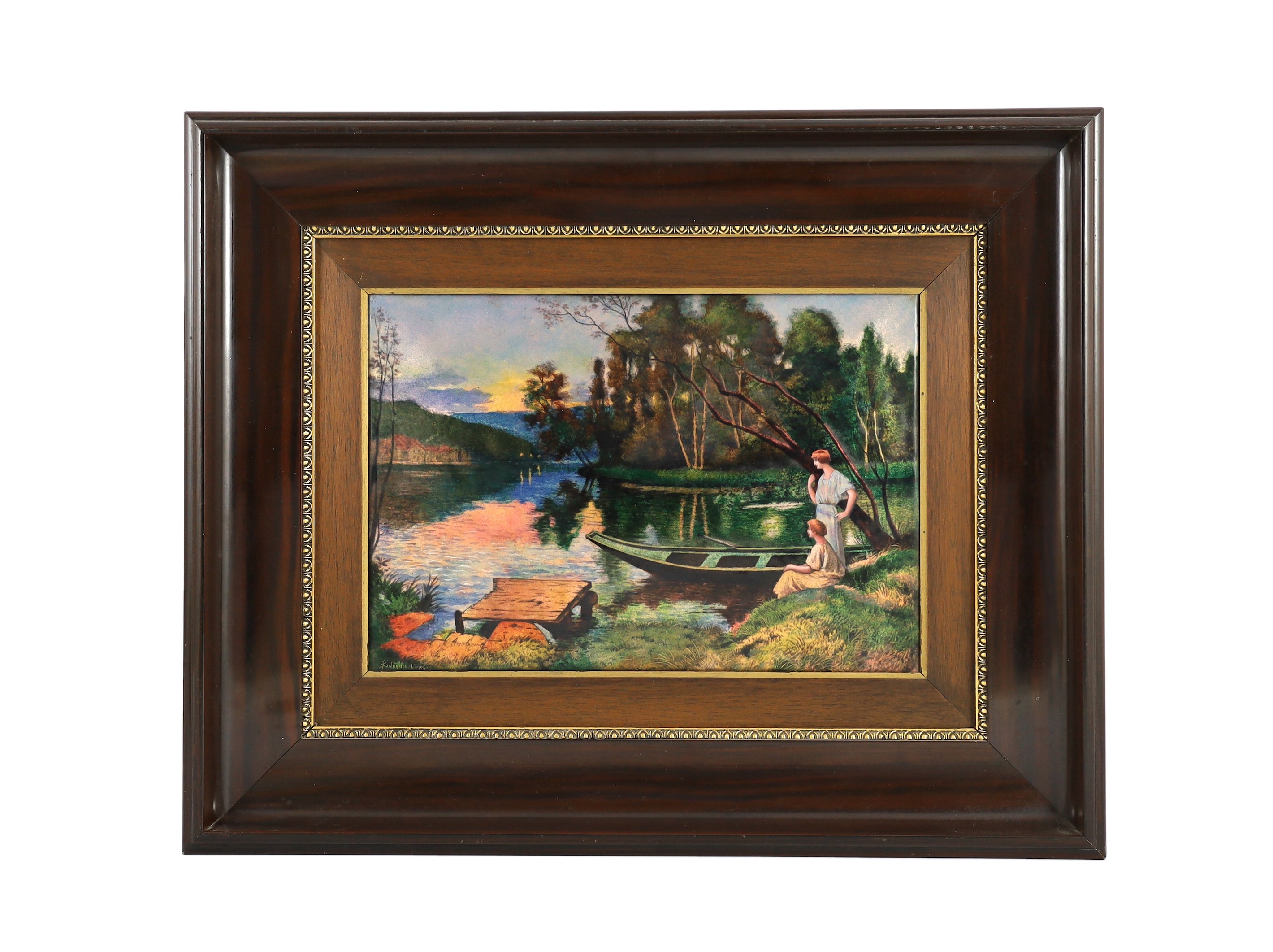 Jules Sarlandie (1874-1936), a large Art Deco Limoges enamel polychrome wall plaque, ‘Waiting for the ferryman’, 23.5cm x 34.5cm excluding frame